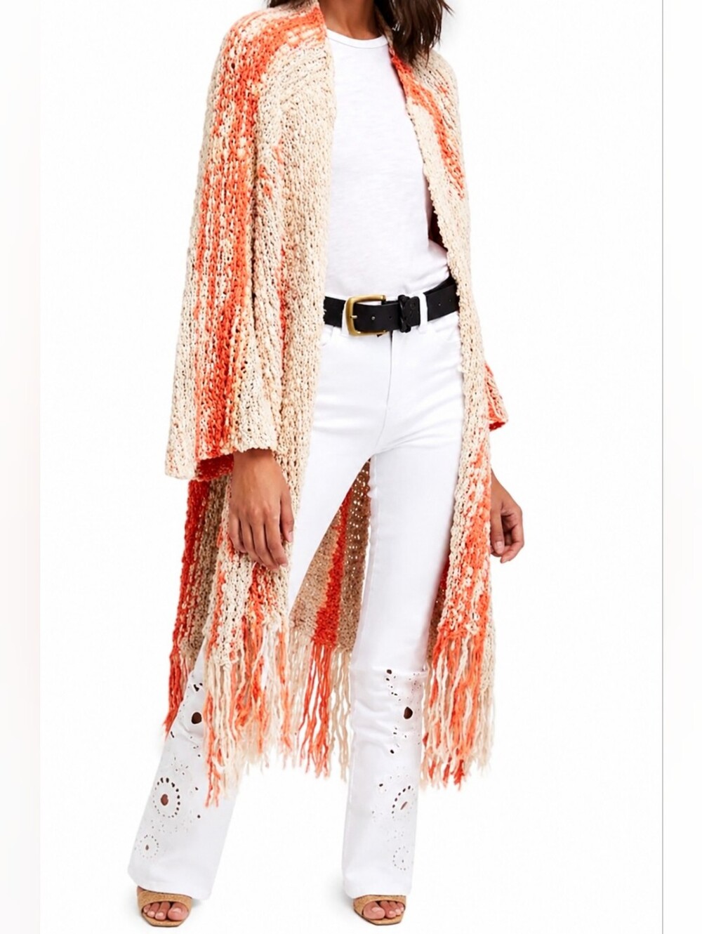 Free People Desert Daze Fringe Duster crochet Cardigan Boho Knit XS/S